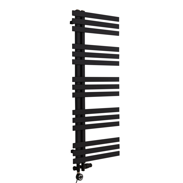 Grzejnik łazienkowy Elche 120x50cm czarny z czarnym zestawem termostatycznym Integra figura kątowa prawa oraz z grzałką Terma Mo