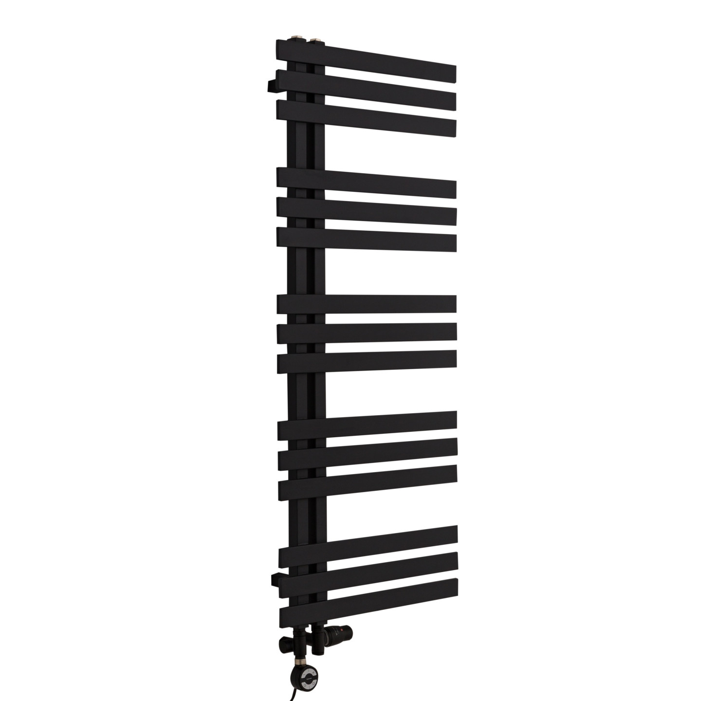 Grzejnik łazienkowy Elche 120x50cm czarny z czarnym zestawem termostatycznym Integra figura kątowa prawa oraz z grzałką Terma Mo