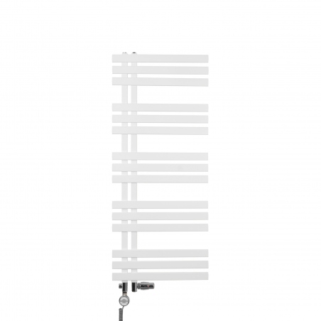 Grzejnik łazienkowy dekoracyjny Elche biały o wymiarach 120x50cm z zestawem termostatycznym Integra chrom oraz z grzałką Terma Moa chrom