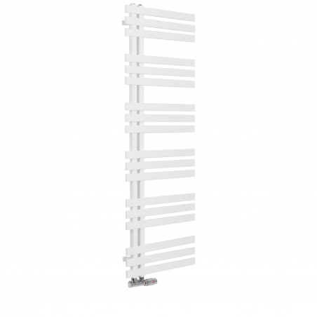 Grzejnik łazienkowy dekoracyjny Elche biały o wymiarach 94x50cm z zaworem Multiflow chrom figura prawa