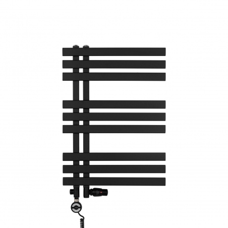 BS	Grzejnik łazienkowy Elche 69x50cm czarny z zestawem trójników Integra w kolorze czarnym figura osiowo-lewa oraz z grzałką Terma Moa czarną