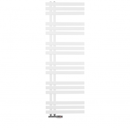 Grzejnik łazienkowy dekoracyjny Elche biały o wymiarach 94x50cm z zaworem Multiflow chrom figura prawa