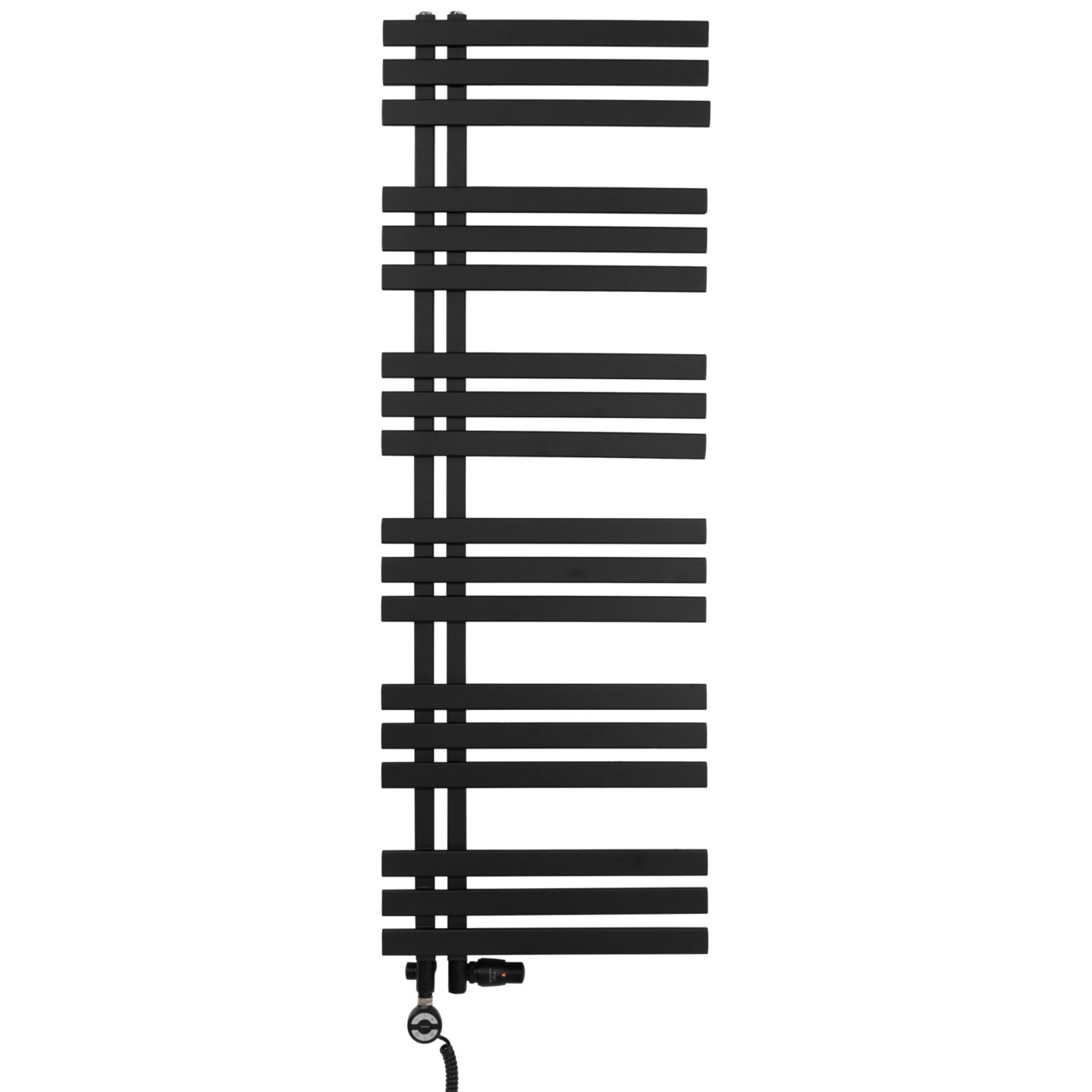 Grzejnik łazienkowy Elche 145x50cm czarny z zestawem termostatycznym w kolorze czarnym Integra figura kątowa prawa oraz z grzałk