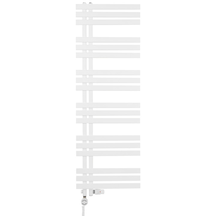 Grzejnik łazienkowy dekoracyjny Elche biały o wymiarach 145x50cm z zestawem termostatycznym Integra biała oraz z grzałką Terma M