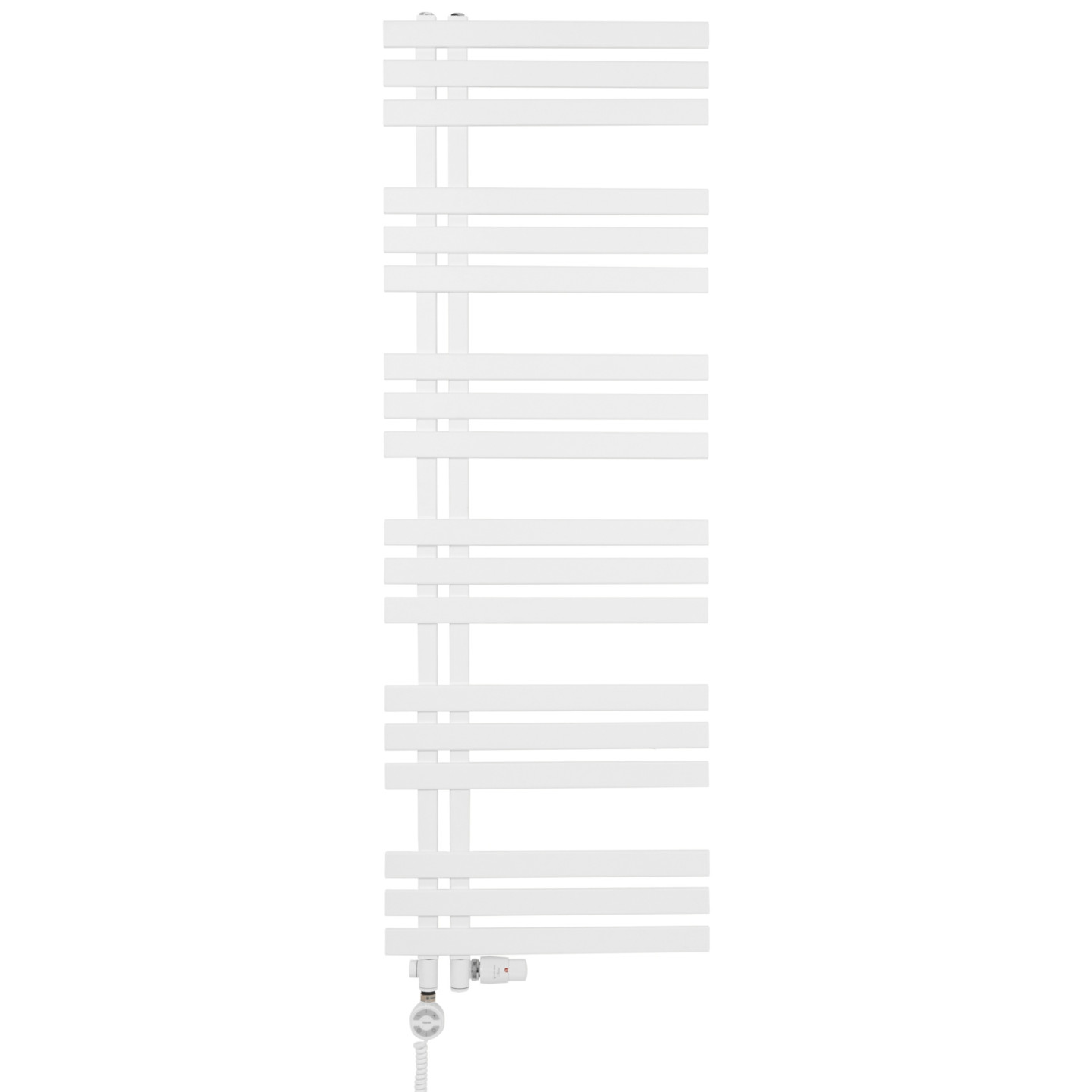 Grzejnik łazienkowy dekoracyjny Elche biały o wymiarach 145x50cm z zestawem termostatycznym Integra biała oraz z grzałką Terma M