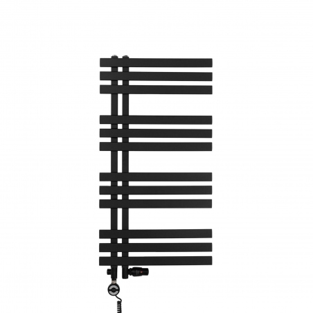 Grzejnik łazienkowy Elche 94x50cm czarny z zestawem trójników Integra w kolorze czarnym figura osiowo-lewa oraz z grzałką Terma Moa czarną